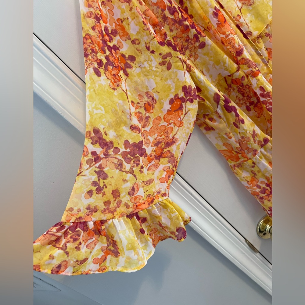 Yellow/orange sheer babydoll flower 3/4 ruffle sleeve open front top 14W/16W - Picture 3 of 9